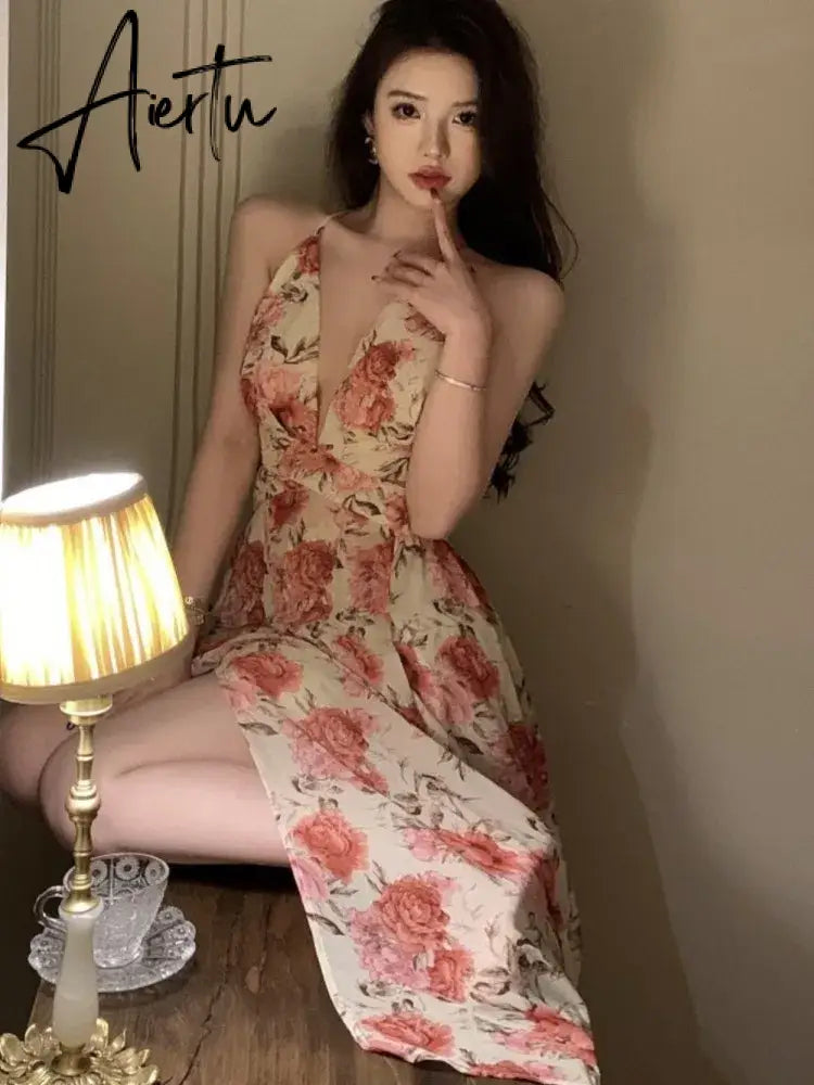 Aiertu Summer Sexy Beach Style Party Dress Women Korean Casual One Piece Sleeveless Floral Long Dress Lady V-neck Outwear Aiertu