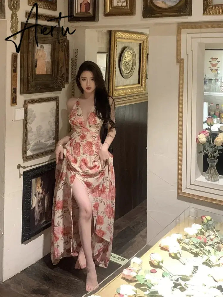 Aiertu Summer Sexy Beach Style Party Dress Women Korean Casual One Piece Sleeveless Floral Long Dress Lady V-neck Outwear Aiertu