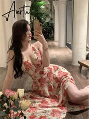 Aiertu Summer Sexy Beach Style Party Dress Women Korean Casual One Piece Sleeveless Floral Long Dress Lady V-neck Outwear Aiertu
