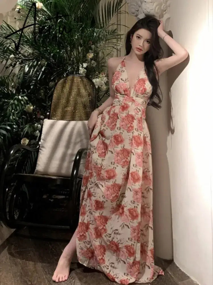 Aiertu Summer Sexy Beach Style Party Dress Women Korean Casual One Piece Sleeveless Floral Long Dress Lady V-neck Outwear Aiertu