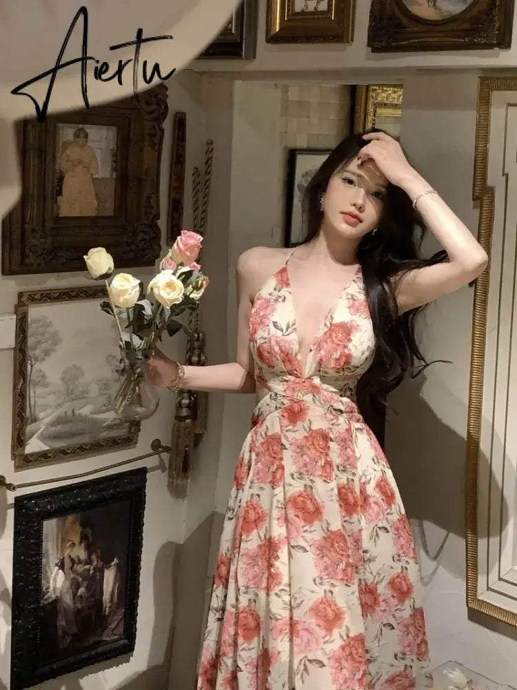 Aiertu Summer Sexy Beach Style Party Dress Women Korean Casual One Piece Sleeveless Floral Long Dress Lady V-neck Outwear Aiertu