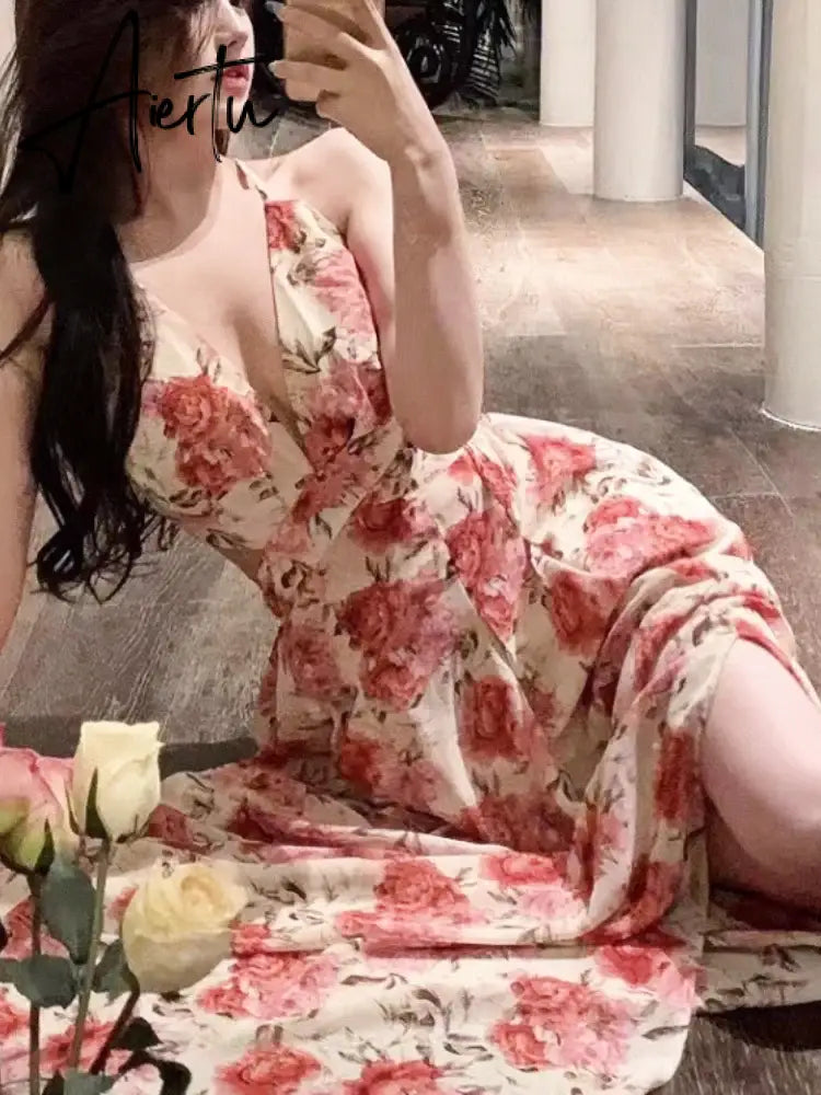 Aiertu Summer Sexy Beach Style Party Dress Women Korean Casual One Piece Sleeveless Floral Long Dress Lady V-neck Outwear Aiertu
