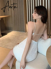 Aiertu Summer Sexy Party Dress Backless Pearls Spaghetti Strap Camisole Bodycon Club Dress Aiertu