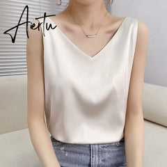 Aiertu Summer Shiny Satin Silk Tshirt Women Harajuku T Shirt Women Sleeveless Fashion T-shirt Woman Tee Tops Casual Female Luxury Sexy Aiertu