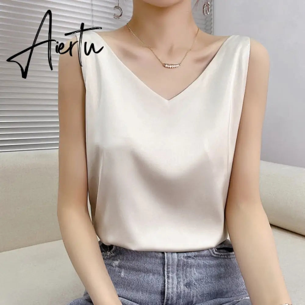 Aiertu Summer Shiny Satin Silk Tshirt Women Harajuku T Shirt Women Sleeveless Fashion T-shirt Woman Tee Tops Casual Female Luxury Sexy Aiertu