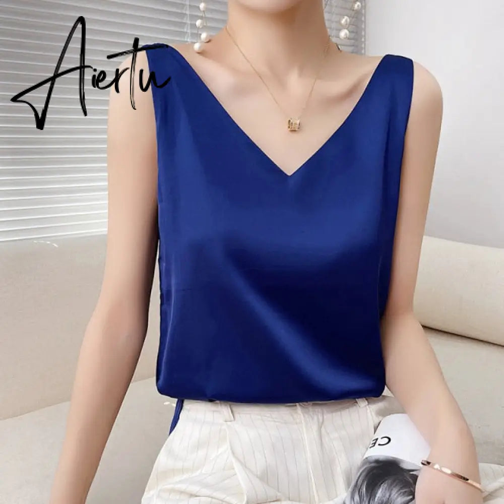 Aiertu Summer Shiny Satin Silk Tshirt Women Harajuku T Shirt Women Sleeveless Fashion T-shirt Woman Tee Tops Casual Female Luxury Sexy Aiertu