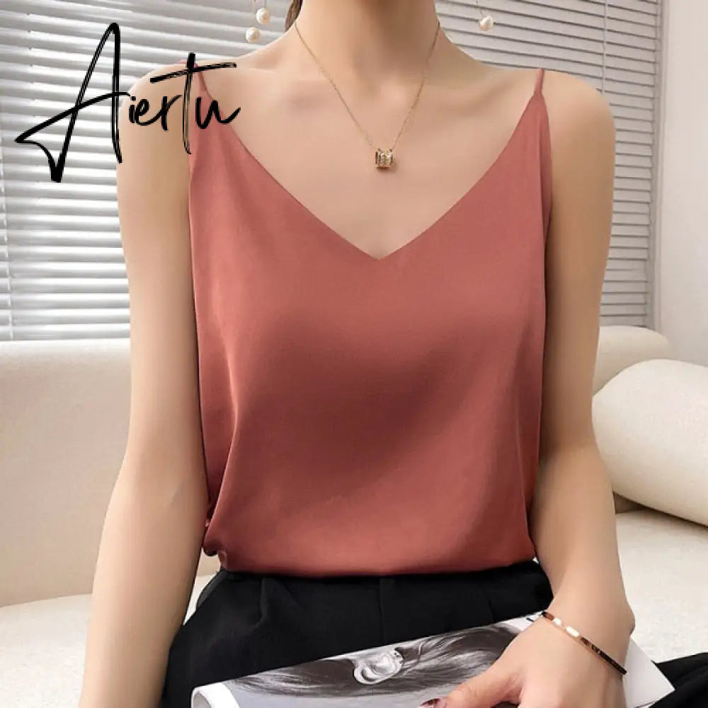 Aiertu Summer Shiny Satin Silk Tshirt Women Harajuku T Shirt Women Sleeveless Fashion T-shirt Woman Tee Tops Casual Female Luxury Sexy Aiertu