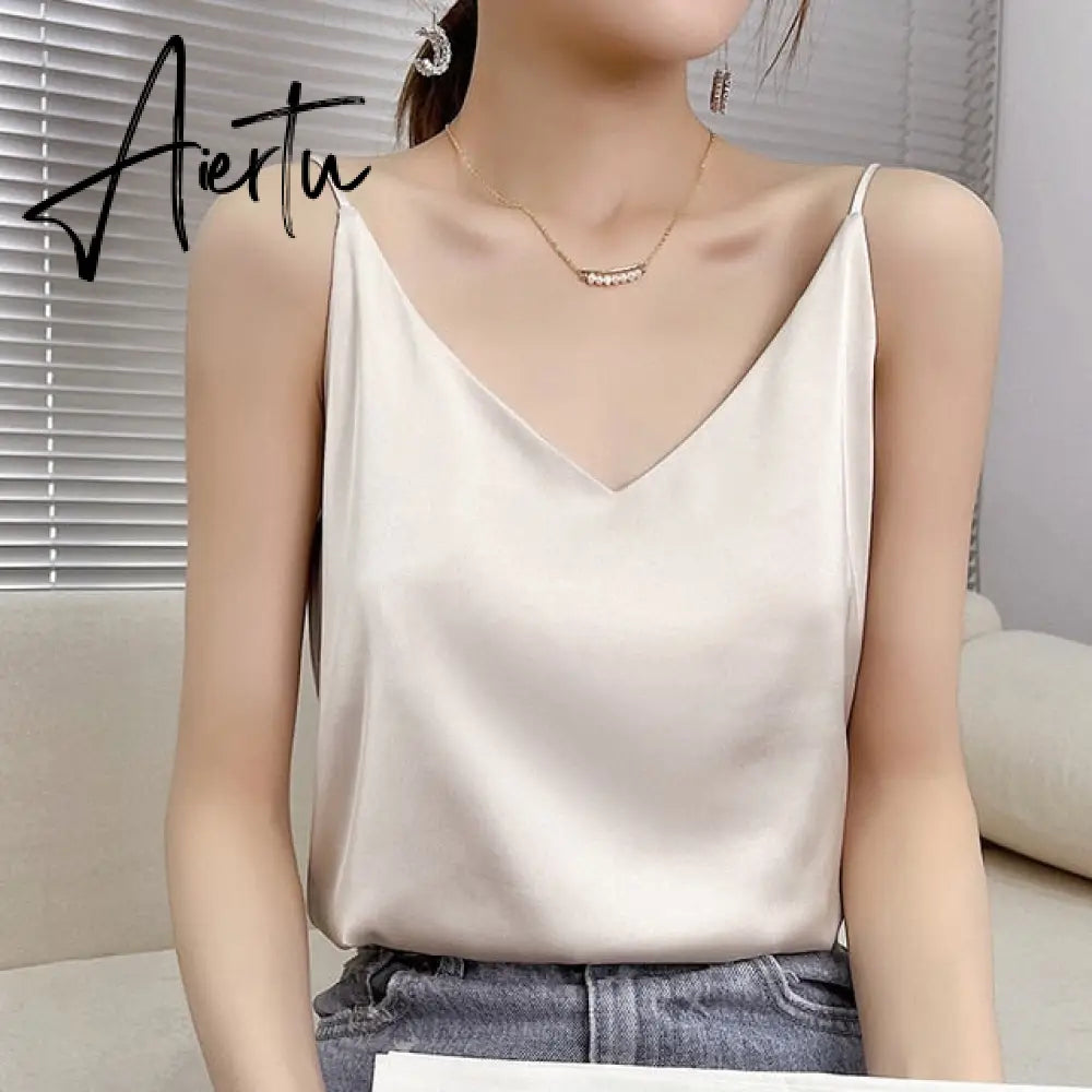 Aiertu Summer Shiny Satin Silk Tshirt Women Harajuku T Shirt Women Sleeveless Fashion T-shirt Woman Tee Tops Casual Female Luxury Sexy Aiertu