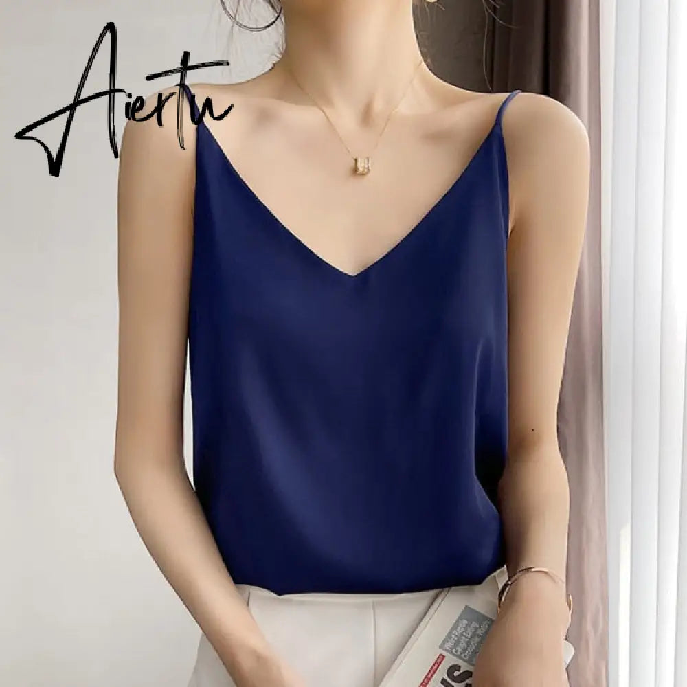 Aiertu Summer Shiny Satin Silk Tshirt Women Harajuku T Shirt Women Sleeveless Fashion T-shirt Woman Tee Tops Casual Female Luxury Sexy Aiertu