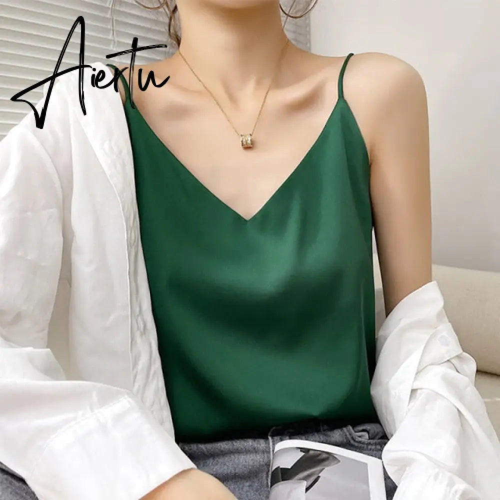 Aiertu Summer Shiny Satin Silk Tshirt Women Harajuku T Shirt Women Sleeveless Fashion T-shirt Woman Tee Tops Casual Female Luxury Sexy Aiertu