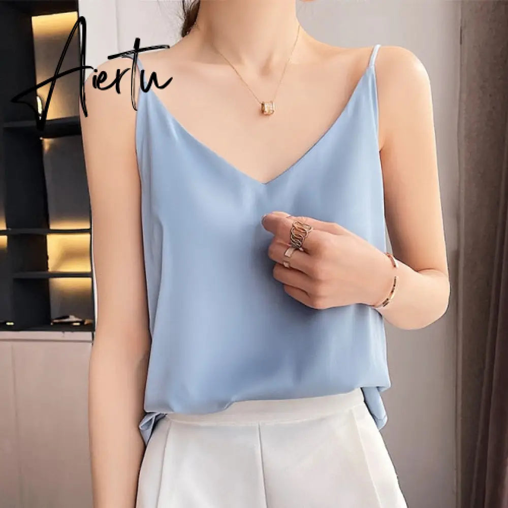 Aiertu Summer Shiny Satin Silk Tshirt Women Harajuku T Shirt Women Sleeveless Fashion T-shirt Woman Tee Tops Casual Female Luxury Sexy Aiertu