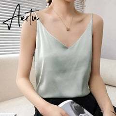 Aiertu Summer Shiny Satin Silk Tshirt Women Harajuku T Shirt Women Sleeveless Fashion T-shirt Woman Tee Tops Casual Female Luxury Sexy Aiertu