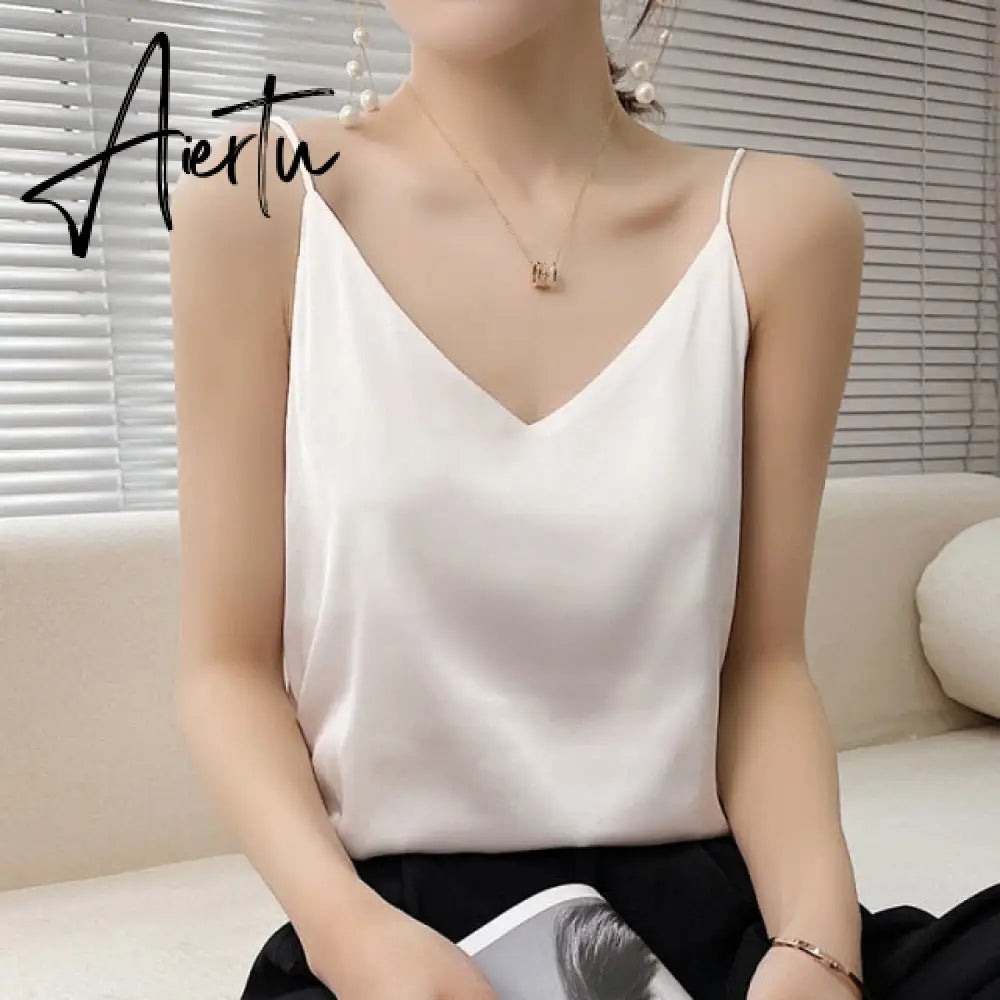 Aiertu Summer Shiny Satin Silk Tshirt Women Harajuku T Shirt Women Sleeveless Fashion T-shirt Woman Tee Tops Casual Female Luxury Sexy Aiertu