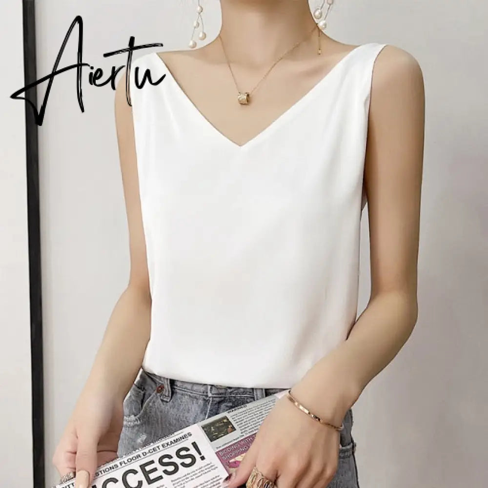Aiertu Summer Shiny Satin Silk Tshirt Women Harajuku T Shirt Women Sleeveless Fashion T-shirt Woman Tee Tops Casual Female Luxury Sexy Aiertu