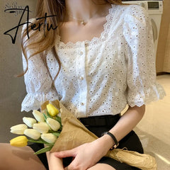 Aiertu  Summer Shirt Korean Style Wild Lace Shirt Women Square Collar Short Sleeve Hollow Out Vintage Elegant Blouse Blusas 13934 Aiertu