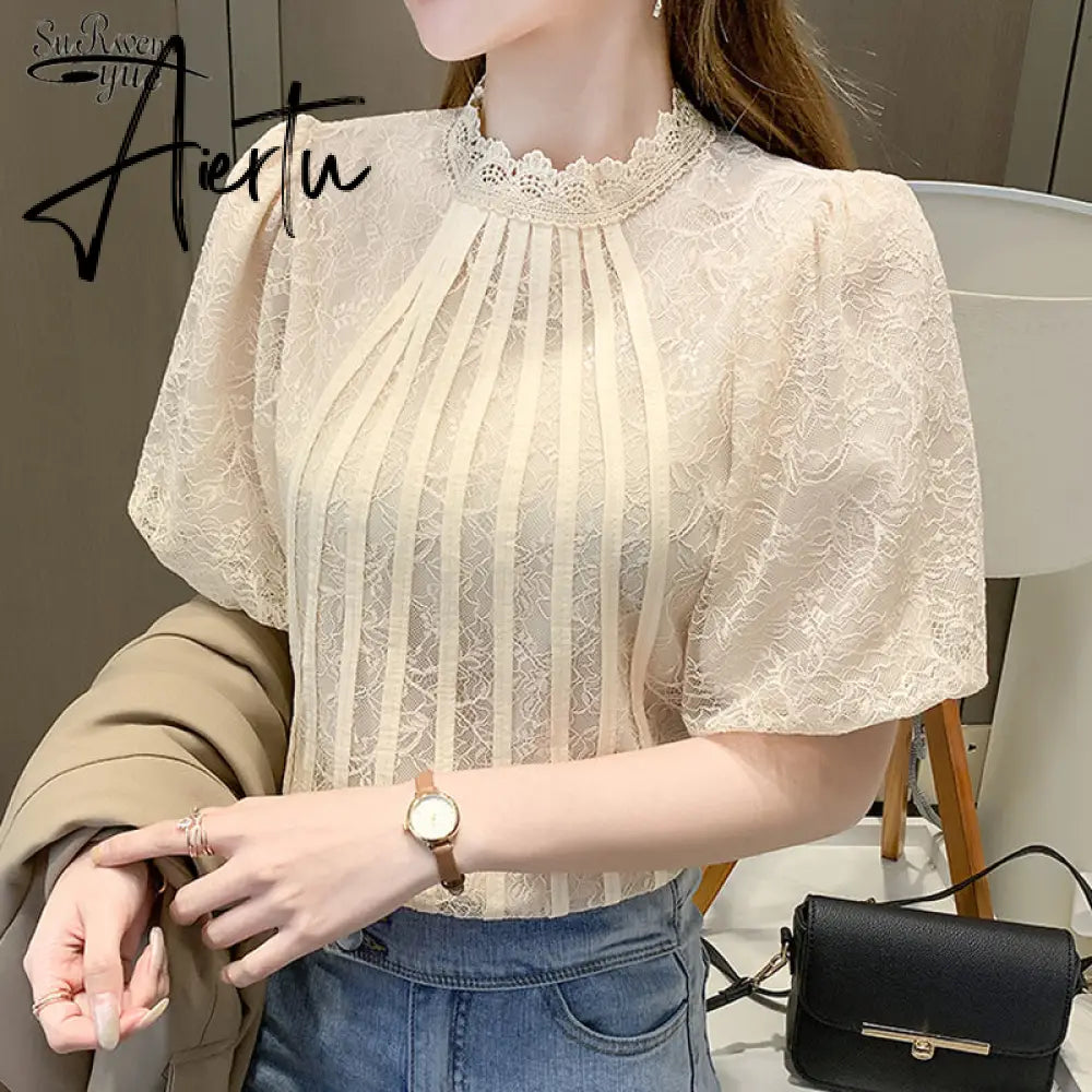 Aiertu  Summer Shirt Korean Style Wild Lace Shirt Women Square Collar Short Sleeve Hollow Out Vintage Elegant Blouse Blusas 13934 Aiertu