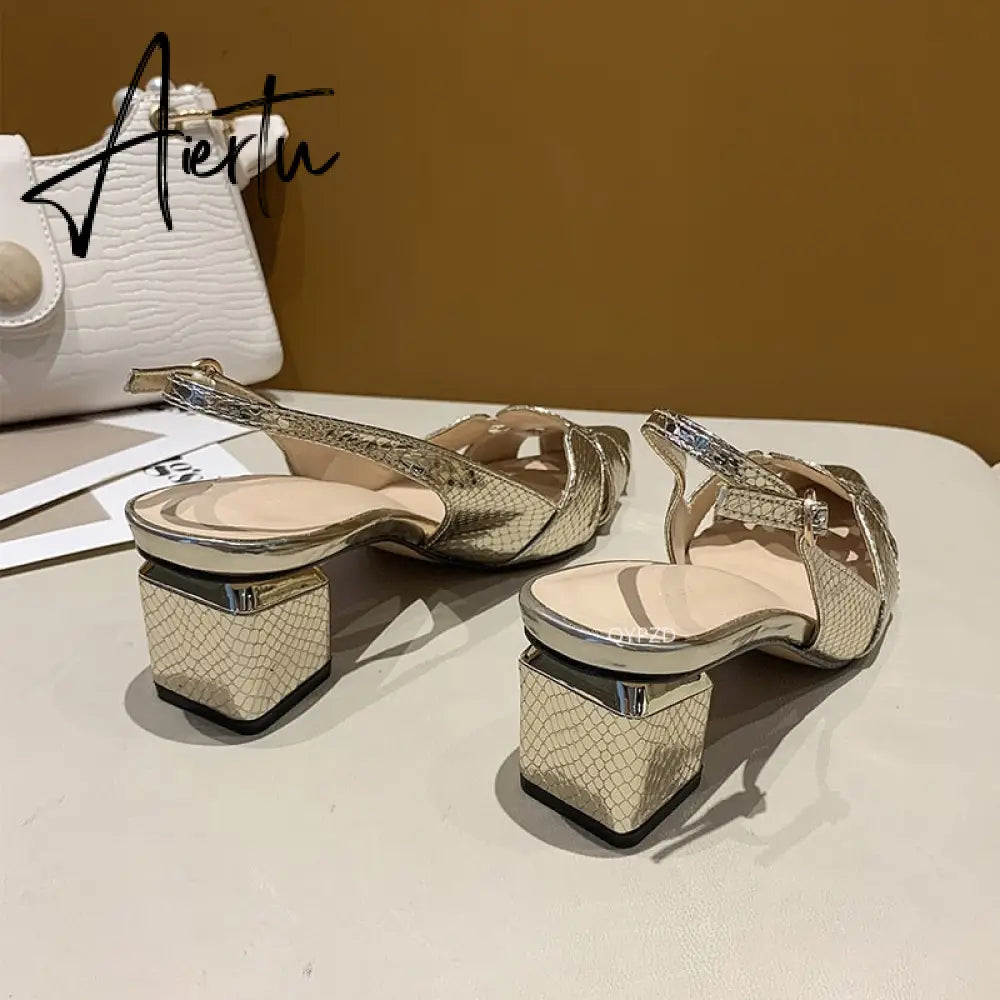 Aiertu Summer Shoes Sandals Fashion Women Leather 3cm High Heels Lady Pointe Toe Gold Heels Sandals Female Wedding Bridal Shoes Aiertu