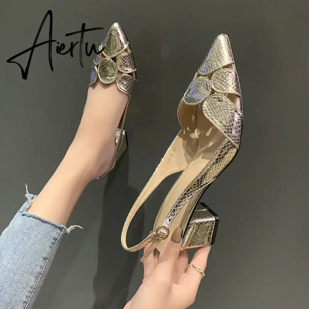 Aiertu Summer Shoes Sandals Fashion Women Leather 3cm High Heels Lady Pointe Toe Gold Heels Sandals Female Wedding Bridal Shoes Aiertu