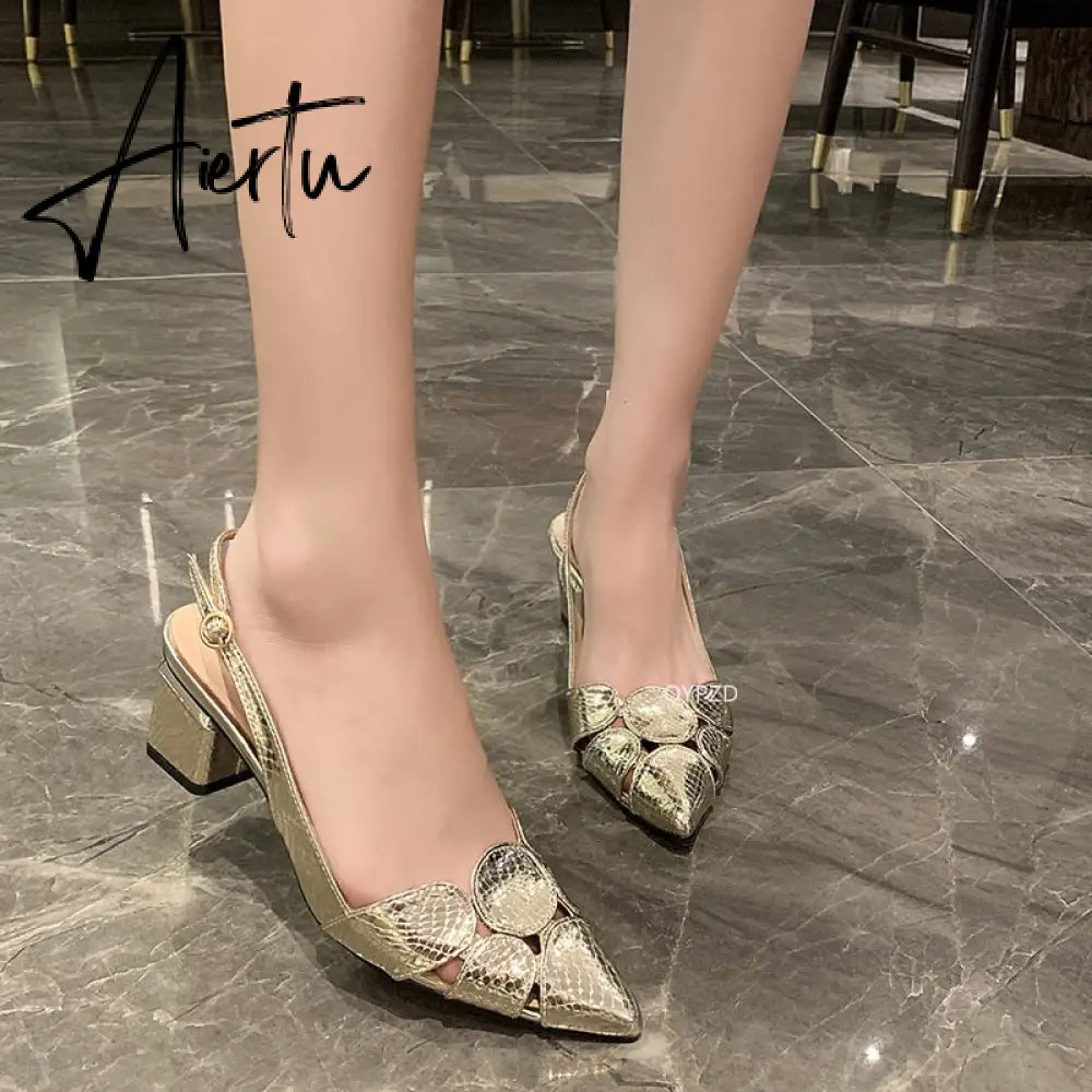 Aiertu Summer Shoes Sandals Fashion Women Leather 3cm High Heels Lady Pointe Toe Gold Heels Sandals Female Wedding Bridal Shoes Aiertu