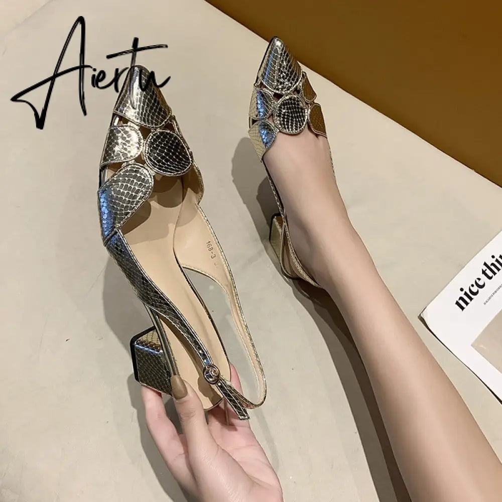 Aiertu Summer Shoes Sandals Fashion Women Leather 3cm High Heels Lady Pointe Toe Gold Heels Sandals Female Wedding Bridal Shoes Aiertu