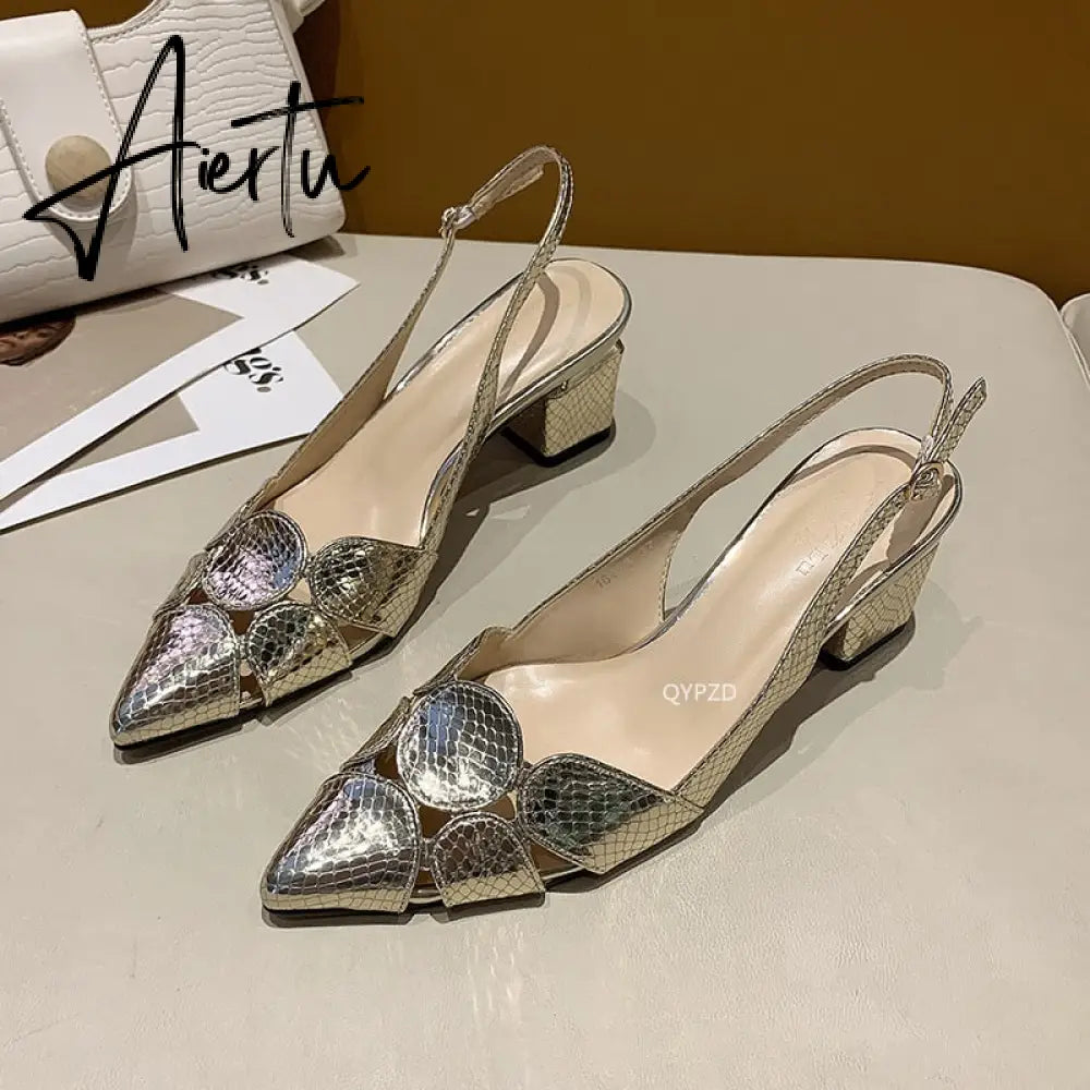 Aiertu Summer Shoes Sandals Fashion Women Leather 3cm High Heels Lady Pointe Toe Gold Heels Sandals Female Wedding Bridal Shoes Aiertu