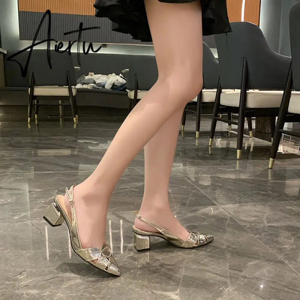 Aiertu Summer Shoes Sandals Fashion Women Leather 3cm High Heels Lady Pointe Toe Gold Heels Sandals Female Wedding Bridal Shoes Aiertu