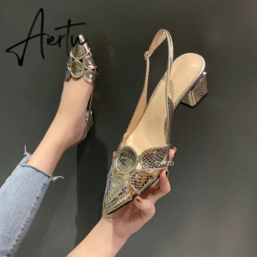 Aiertu Summer Shoes Sandals Fashion Women Leather 3cm High Heels Lady Pointe Toe Gold Heels Sandals Female Wedding Bridal Shoes Aiertu