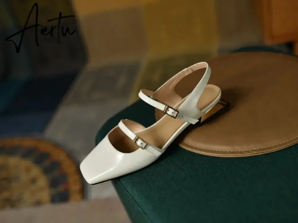 Aiertu  Summer Shoes Women Square Toe Thick Heel Sandals Women Patent Leather Mixed Colors Low Heel Wine Red/Beige Shoes for Women Aiertu