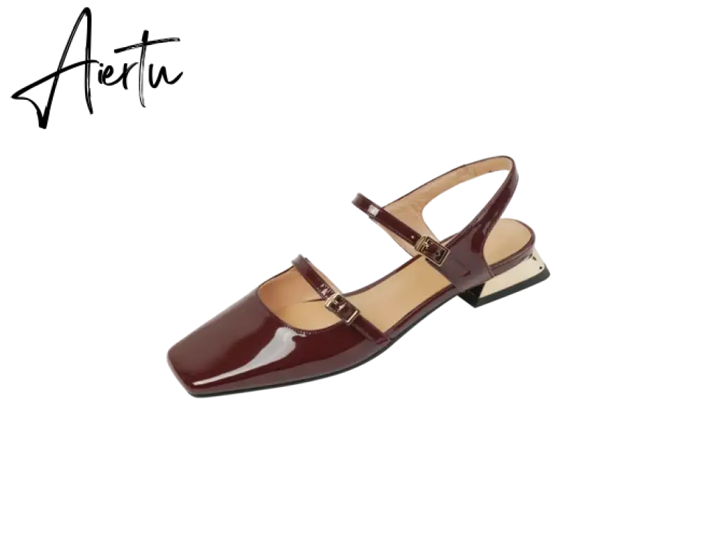 Aiertu  Summer Shoes Women Square Toe Thick Heel Sandals Women Patent Leather Mixed Colors Low Heel Wine Red/Beige Shoes for Women Aiertu