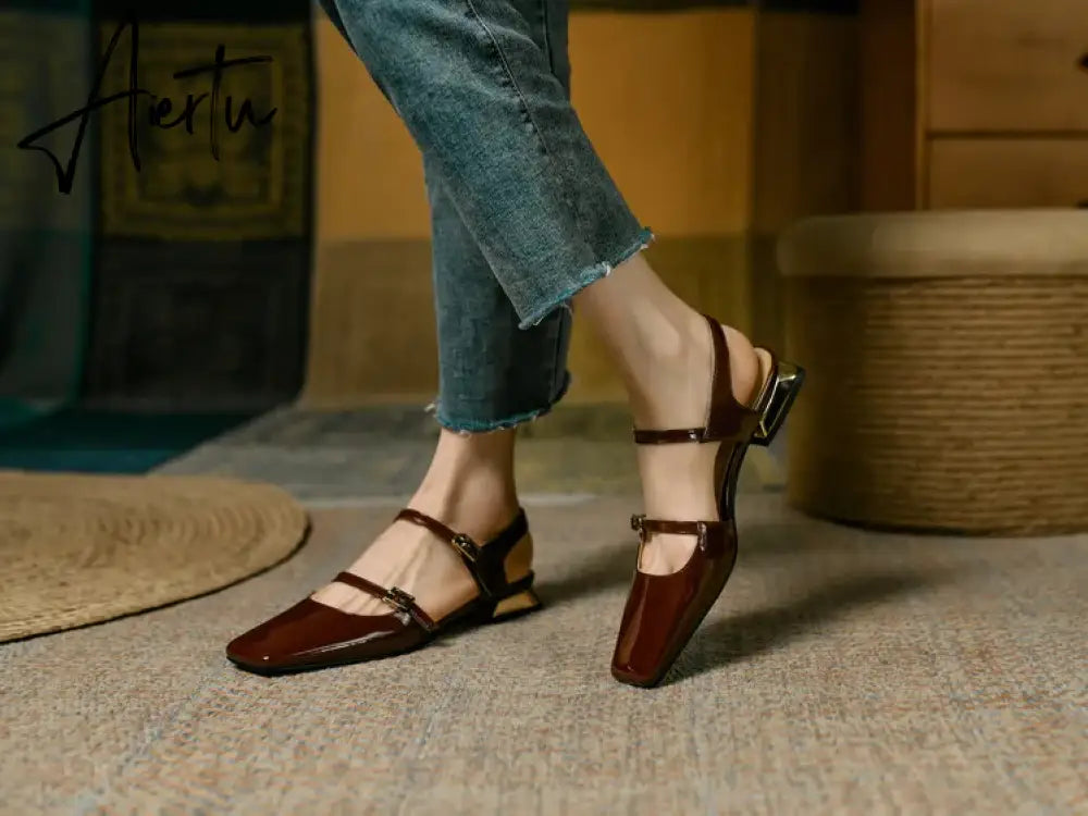 Aiertu  Summer Shoes Women Square Toe Thick Heel Sandals Women Patent Leather Mixed Colors Low Heel Wine Red/Beige Shoes for Women Aiertu