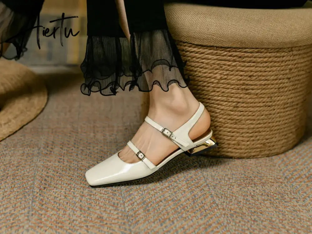 Aiertu  Summer Shoes Women Square Toe Thick Heel Sandals Women Patent Leather Mixed Colors Low Heel Wine Red/Beige Shoes for Women Aiertu