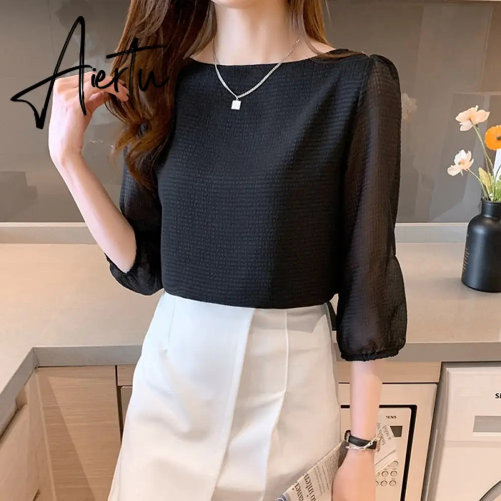 Aiertu Summer Short Sleeve Chiffon Shirts Ladies Korean Chic Plaid Lantern Sleeve Loose Blouse Women Fashion Slash Neck Tops 15214 Aiertu