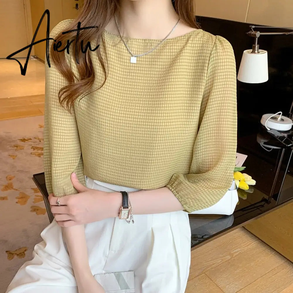 Aiertu Summer Short Sleeve Chiffon Shirts Ladies Korean Chic Plaid Lantern Sleeve Loose Blouse Women Fashion Slash Neck Tops 15214 Aiertu