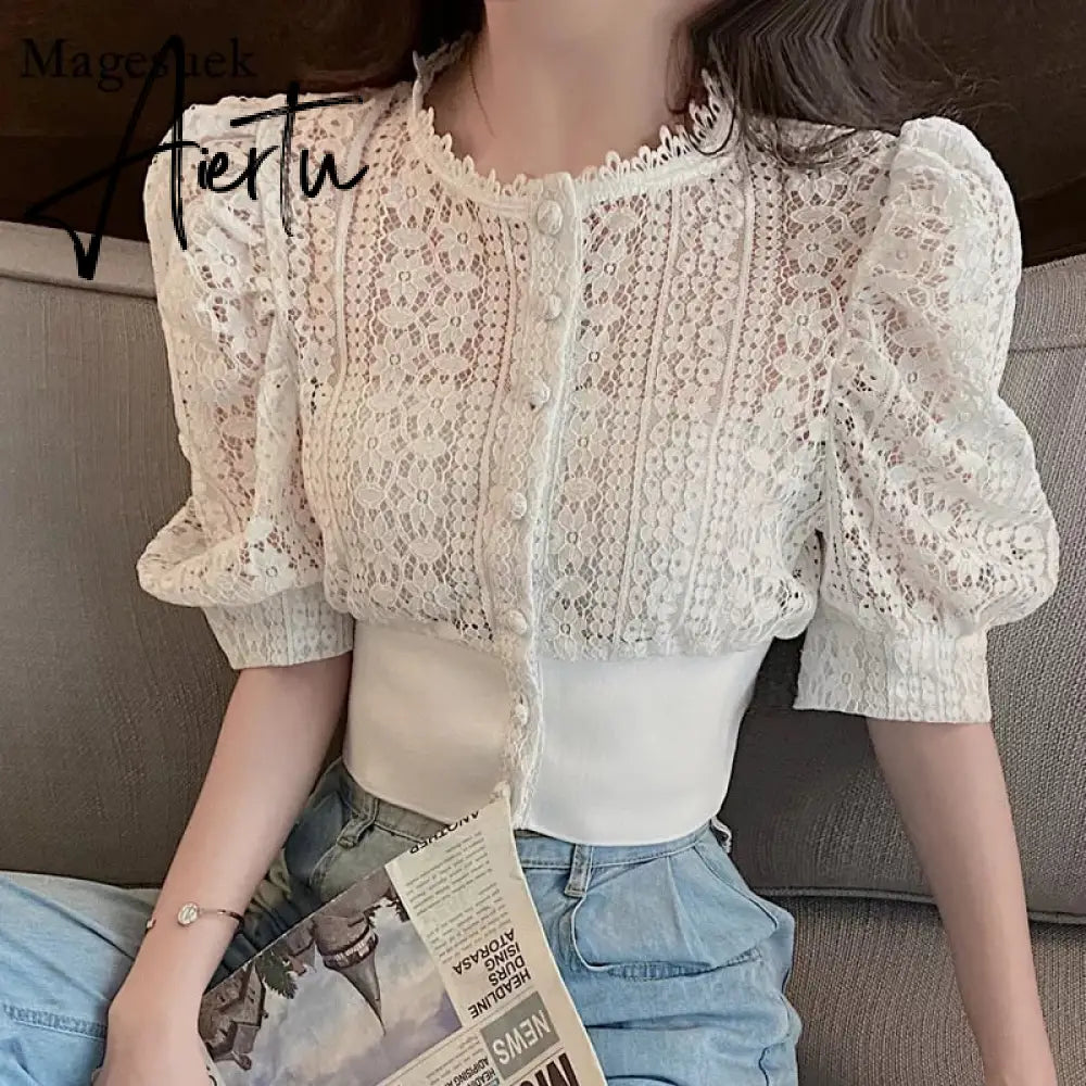 Aiertu Summer Short Sleeve Chiffon Shirts Ladies Korean Chic Plaid Lantern Sleeve Loose Blouse Women Fashion Slash Neck Tops 15214 Aiertu