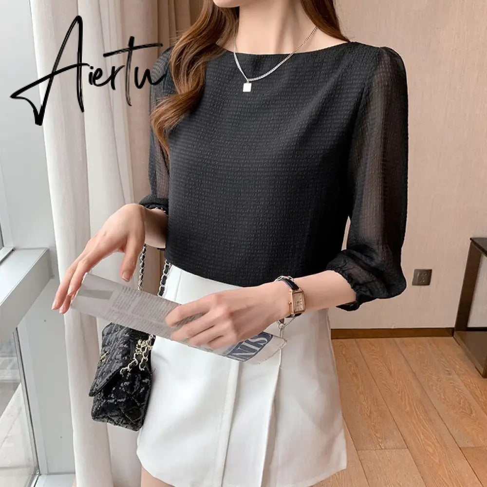 Aiertu Summer Short Sleeve Chiffon Shirts Ladies Korean Chic Plaid Lantern Sleeve Loose Blouse Women Fashion Slash Neck Tops 15214 Aiertu