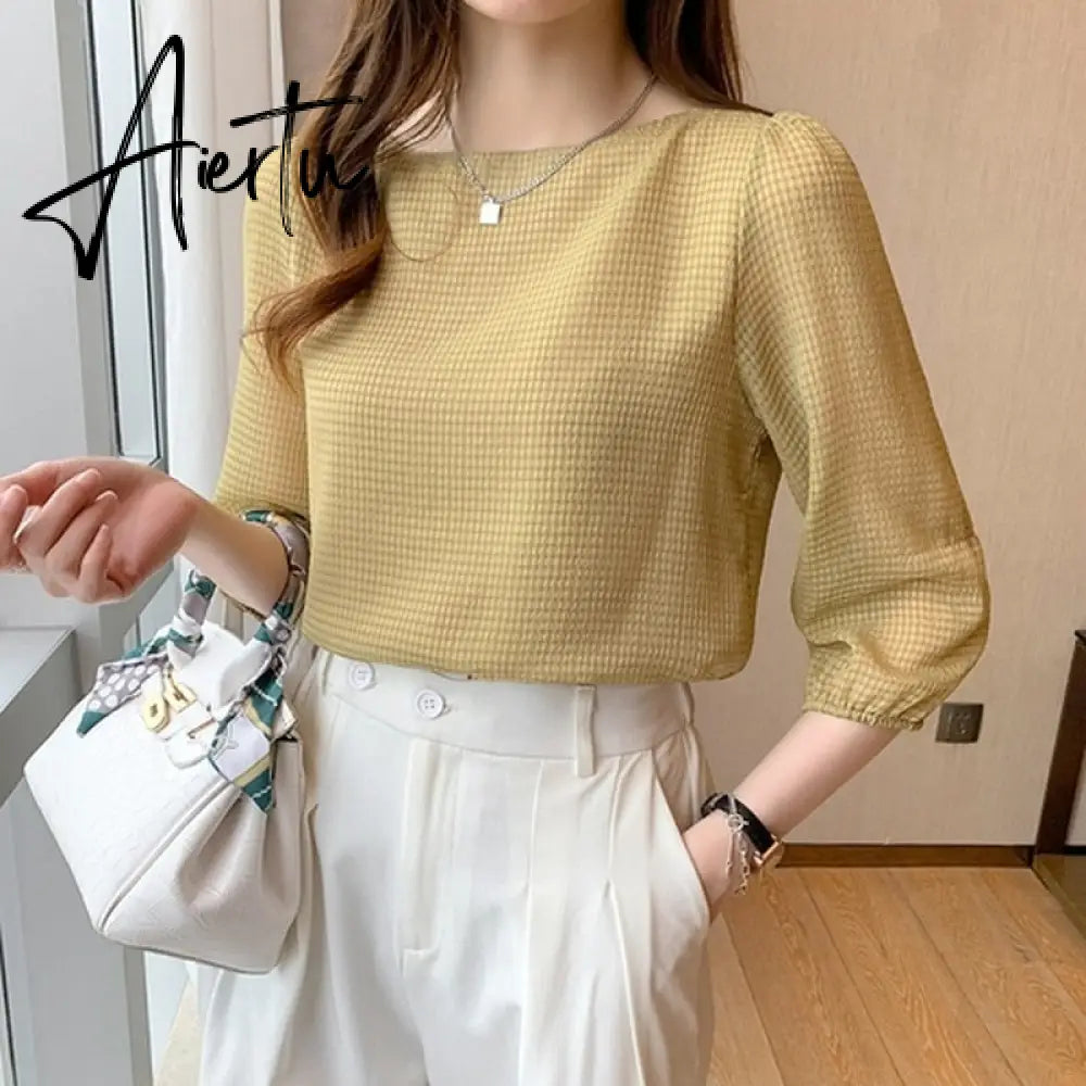 Aiertu Summer Short Sleeve Chiffon Shirts Ladies Korean Chic Plaid Lantern Sleeve Loose Blouse Women Fashion Slash Neck Tops 15214 Aiertu