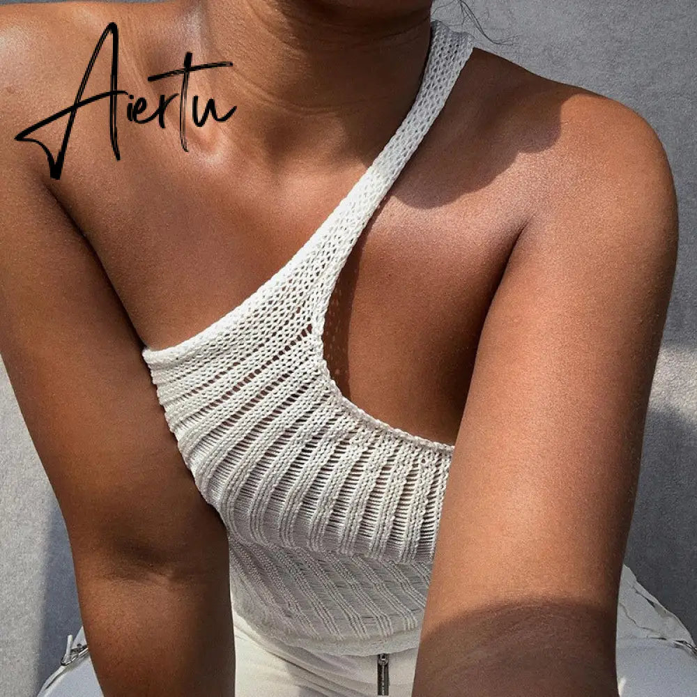 Aiertu Summer Shoulder Off Tank Top Women Camisole Solid Slim Cropped Knitted Cotton Tee Shirt Femme Tanks Camis Tops Woman Aiertu