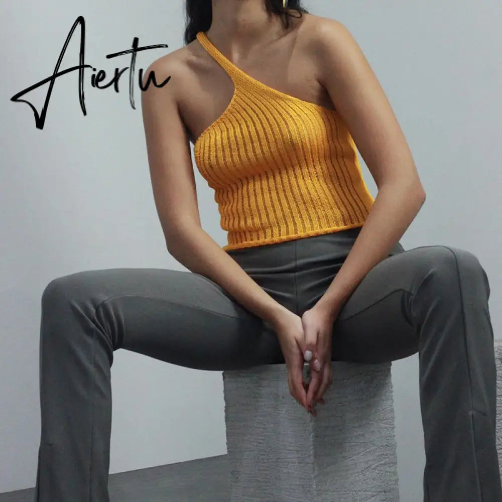 Aiertu Summer Shoulder Off Tank Top Women Camisole Solid Slim Cropped Knitted Cotton Tee Shirt Femme Tanks Camis Tops Woman Aiertu