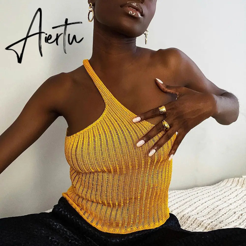 Aiertu Summer Shoulder Off Tank Top Women Camisole Solid Slim Cropped Knitted Cotton Tee Shirt Femme Tanks Camis Tops Woman Aiertu