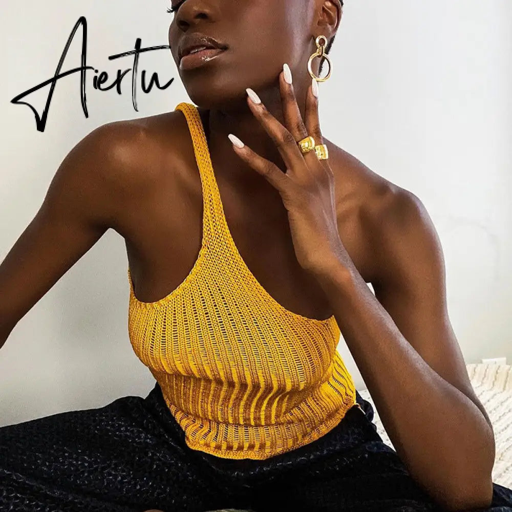 Aiertu Summer Shoulder Off Tank Top Women Camisole Solid Slim Cropped Knitted Cotton Tee Shirt Femme Tanks Camis Tops Woman Aiertu
