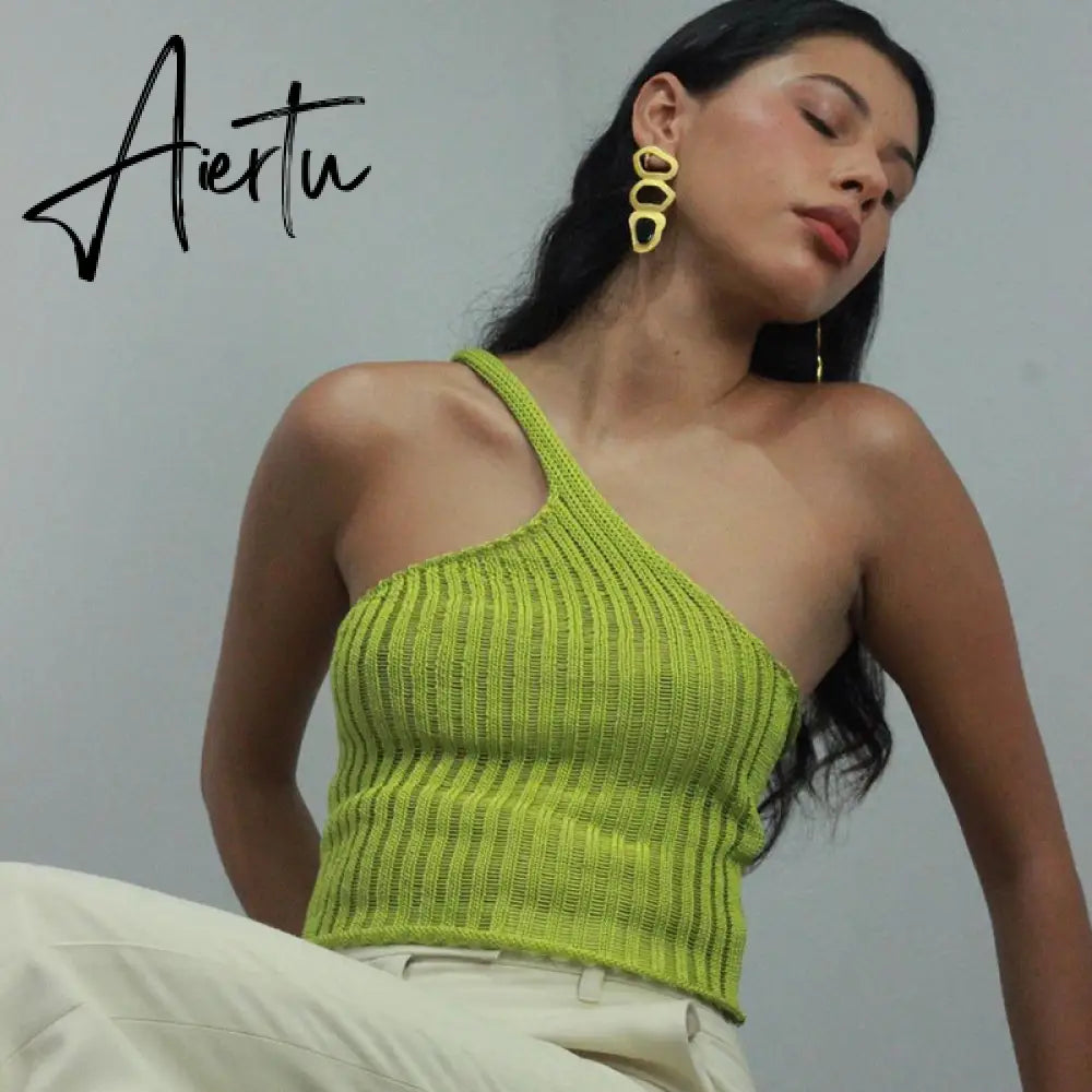 Aiertu Summer Shoulder Off Tank Top Women Camisole Solid Slim Cropped Knitted Cotton Tee Shirt Femme Tanks Camis Tops Woman Aiertu