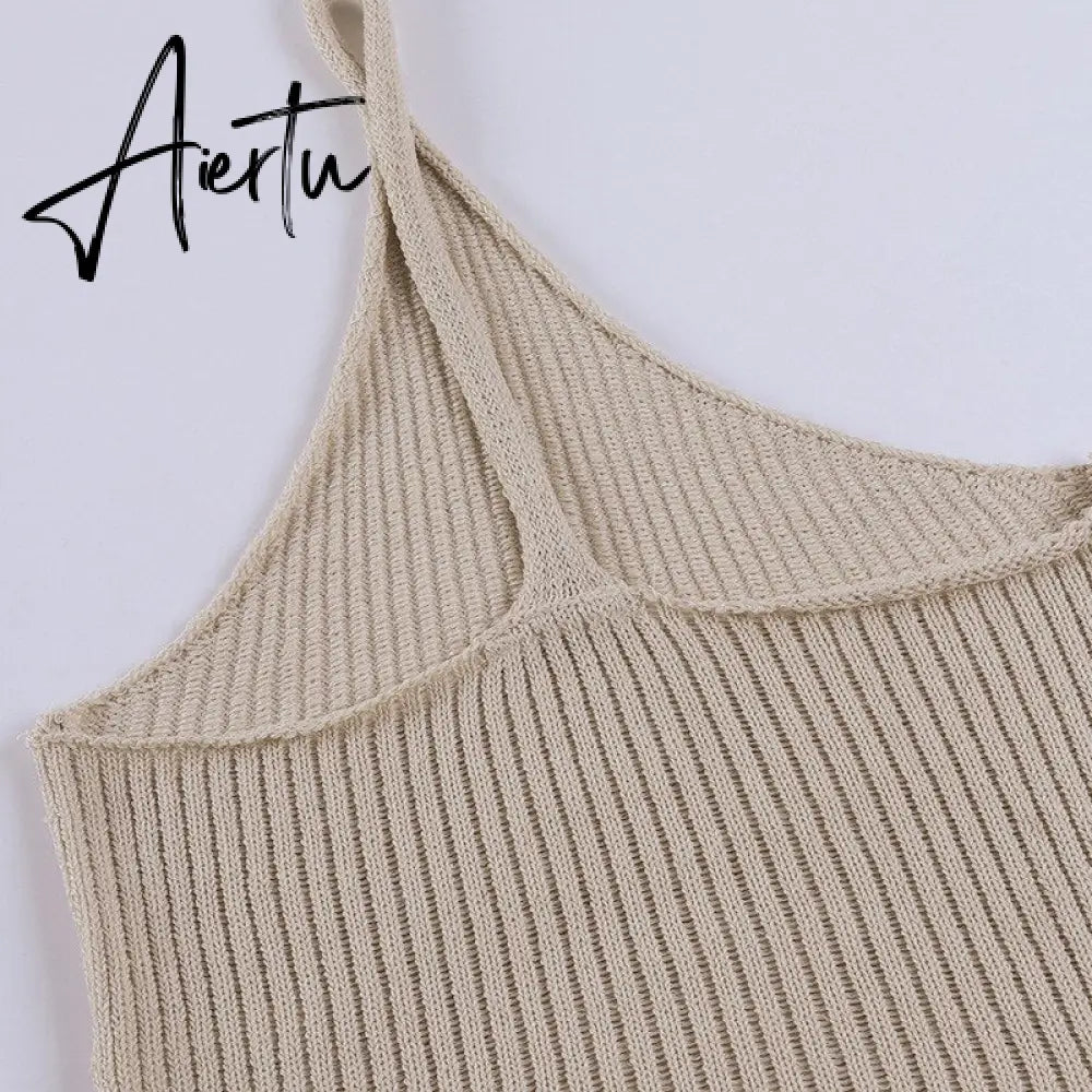 Aiertu Summer Shoulder Off Tank Top Women Camisole Solid Slim Cropped Knitted Cotton Tee Shirt Femme Tanks Camis Tops Woman Aiertu