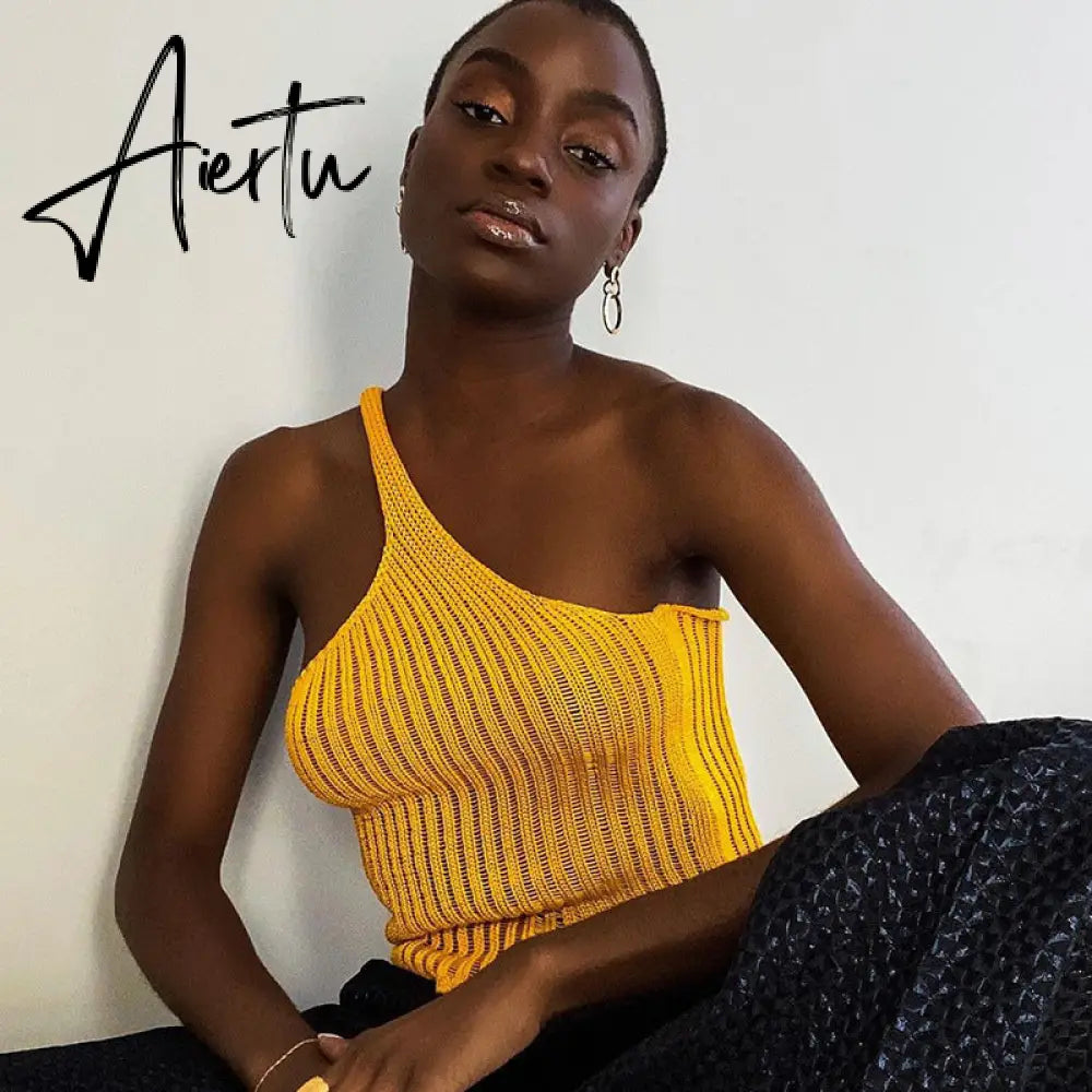 Aiertu Summer Shoulder Off Tank Top Women Camisole Solid Slim Cropped Knitted Cotton Tee Shirt Femme Tanks Camis Tops Woman Aiertu
