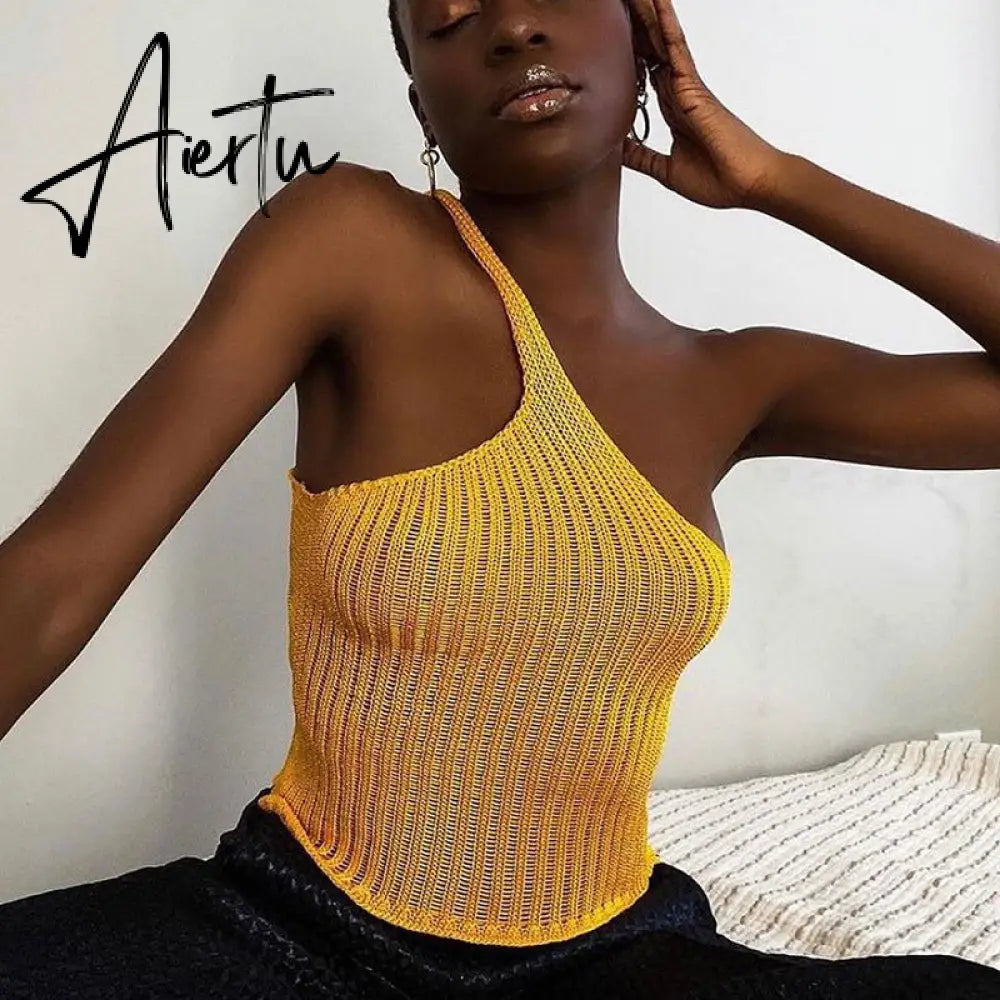 Aiertu Summer Shoulder Off Tank Top Women Camisole Solid Slim Cropped Knitted Cotton Tee Shirt Femme Tanks Camis Tops Woman Aiertu