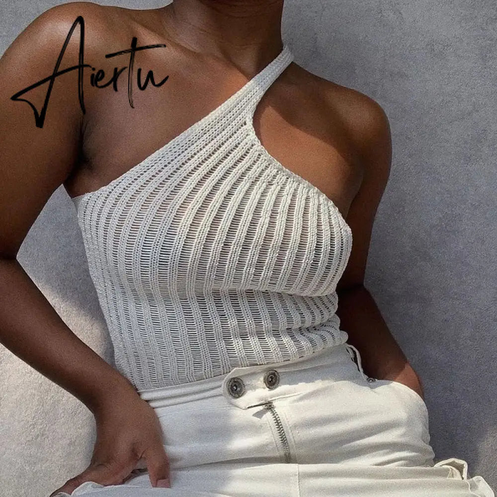 Aiertu Summer Shoulder Off Tank Top Women Camisole Solid Slim Cropped Knitted Cotton Tee Shirt Femme Tanks Camis Tops Woman Aiertu