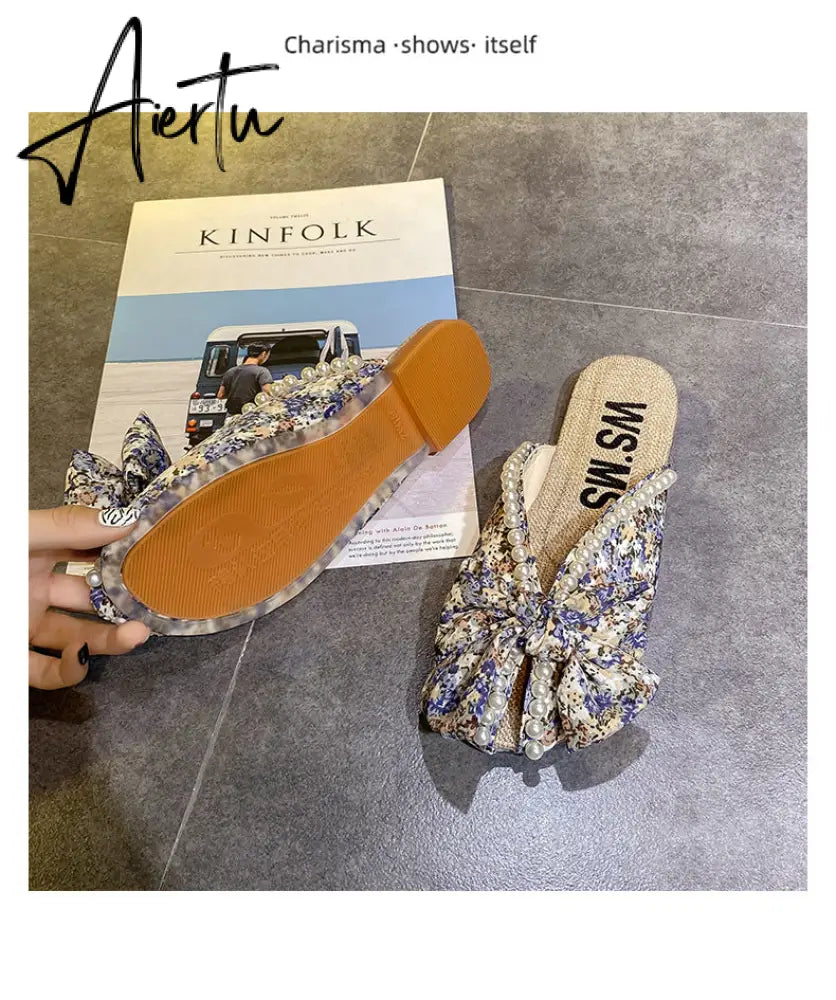 Aiertu Summer Slipper Flat Slippers for Women Outdoor Pearl Slipper Linen Insole Broken Flower Bow Sandals Pantuflas Para Mujer Aiertu