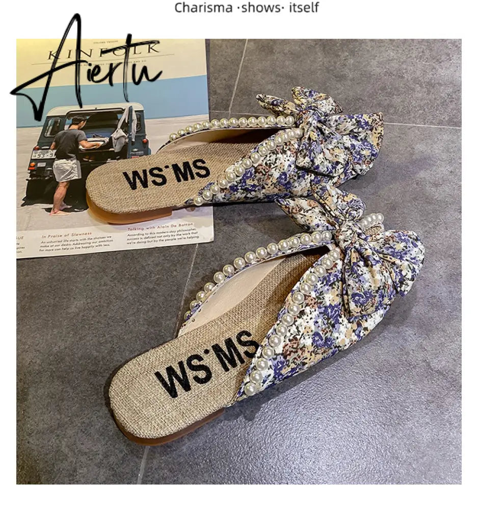 Aiertu Summer Slipper Flat Slippers for Women Outdoor Pearl Slipper Linen Insole Broken Flower Bow Sandals Pantuflas Para Mujer Aiertu