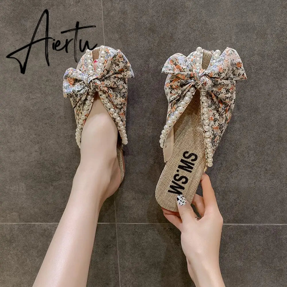 Aiertu Summer Slipper Flat Slippers for Women Outdoor Pearl Slipper Linen Insole Broken Flower Bow Sandals Pantuflas Para Mujer Aiertu