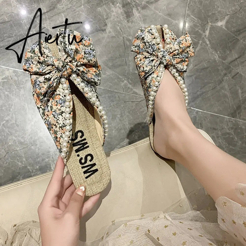 Aiertu Summer Slipper Flat Slippers for Women Outdoor Pearl Slipper Linen Insole Broken Flower Bow Sandals Pantuflas Para Mujer Aiertu