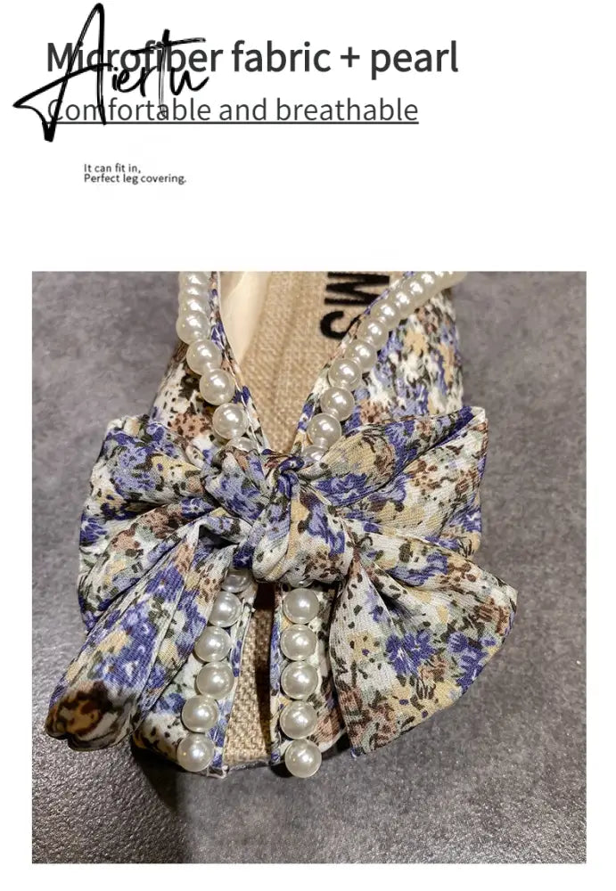 Aiertu Summer Slipper Flat Slippers for Women Outdoor Pearl Slipper Linen Insole Broken Flower Bow Sandals Pantuflas Para Mujer Aiertu